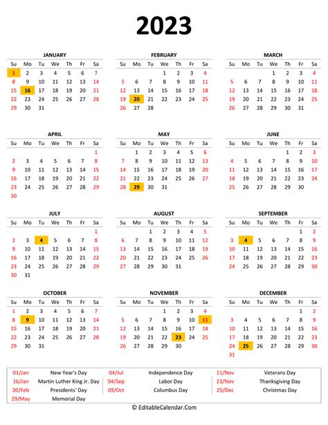 Calendar 2023 With Holidays Printable